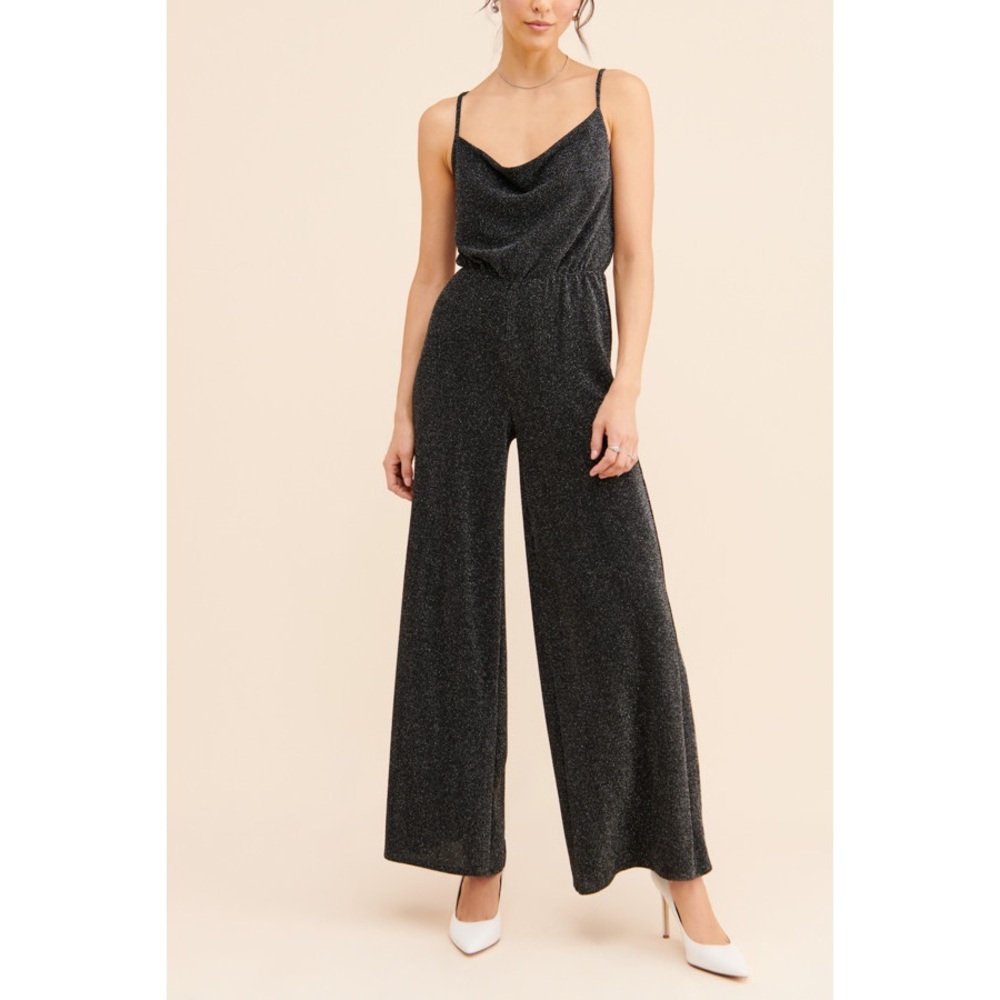 Urban Outfitters Halli Black Sparkle Cross‎ Back Wide Leg Jumpsuit Size Small